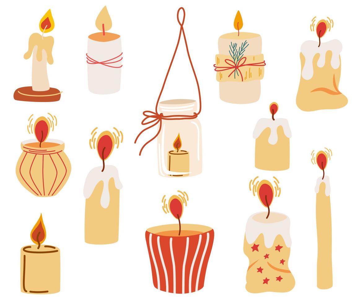 jeu de bougies. bougies décoratives en cire pour la détente, la décoration intérieure, les vacances et noël. bougies en cire. illustration vectorielle dessinés à la main isolé sur fond blanc. vecteur