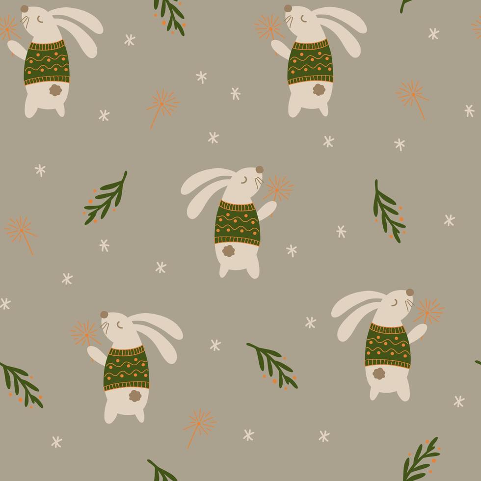 modèle vectoriel continu de lapin d'hiver. la palette limitée est idéale pour l'impression de textiles, de tissus, de papier d'emballage illustration simple dessinée à la main d'un personnage de lapin forestier dans un style scandinave.