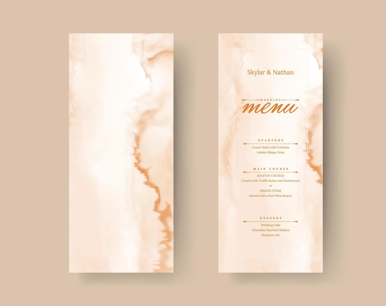 modèle de carte de menu de mariage aquarelle en terre cuite vecteur