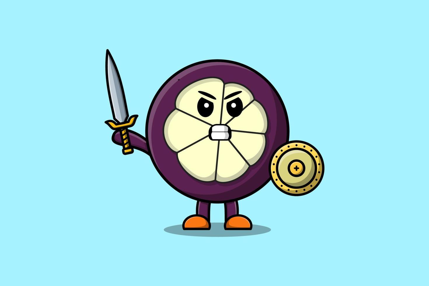 personnage de dessin animé mignon mangoustan tenant une épée vecteur