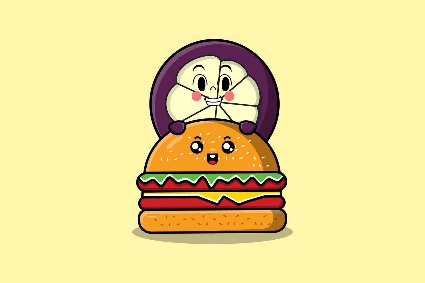 personnage de dessin animé mignon de mangoustan se cachant dans un hamburger vecteur