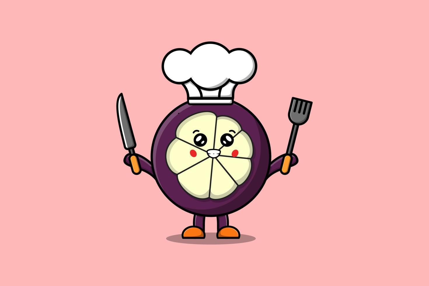 mignon dessin animé mangoustan chef tenir couteau et fourchette vecteur