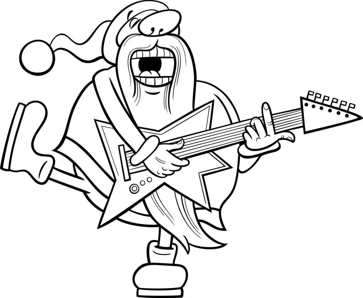dessin animé père noël jouant de la guitare électrique coloriage vecteur