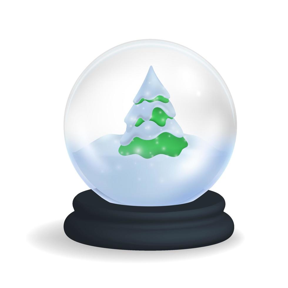 bonne année. boule de noël joyeuse avec neige couverte de pins verts, flocons de neige tombant sur blanc, illustration 3d réaliste. décorations de vacances globe en verre. illustration vectorielle vecteur