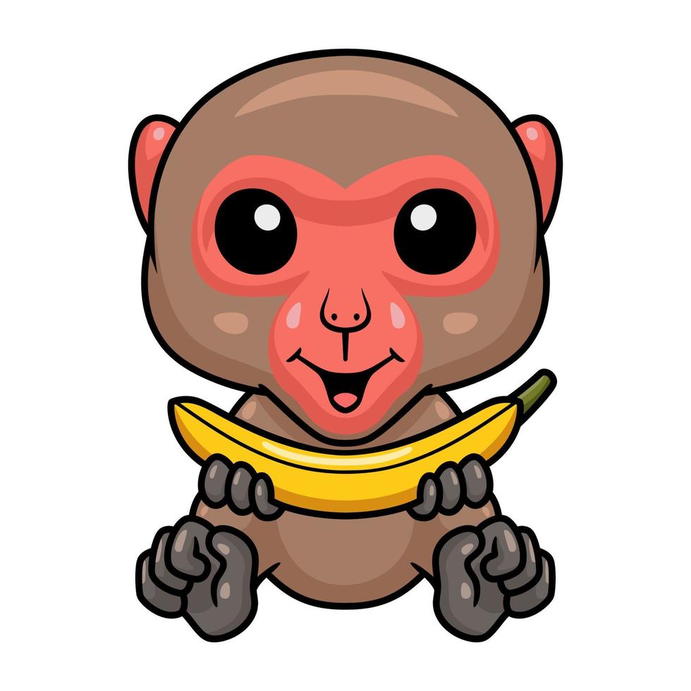 mignon petit dessin animé de macaque japonais mangeant de la banane vecteur