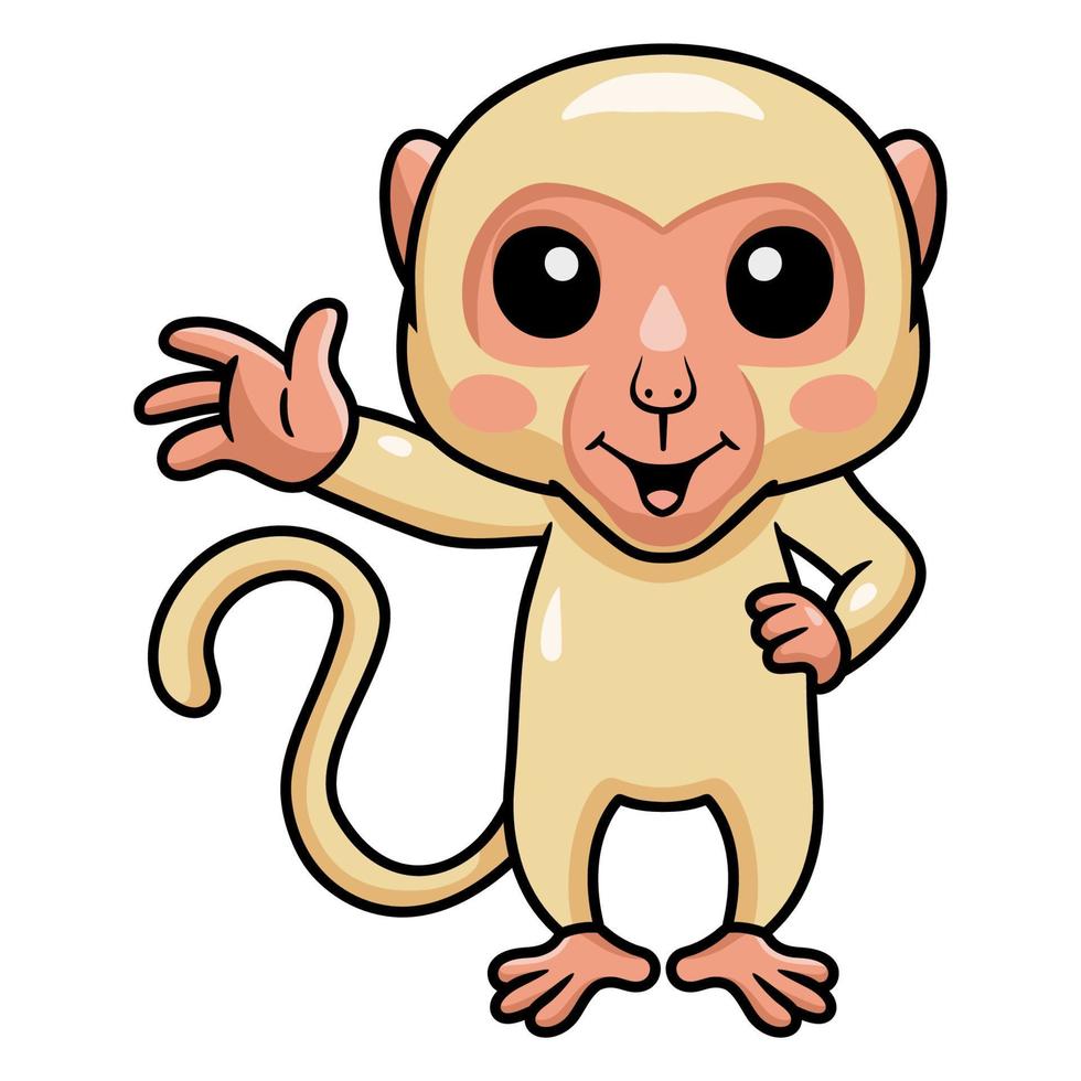 mignon petit dessin animé de singe albinos agitant la main vecteur