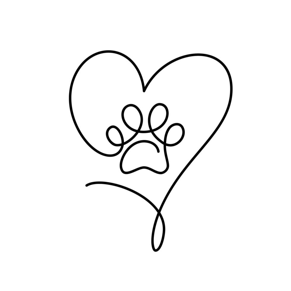 patte de chat ou de chien avec grand coeur dans le logo de dessin continu d'une ligne. dessin au trait minimal. empreinte animale dans le cadre. concept d'amour pour animaux de compagnie vecteur