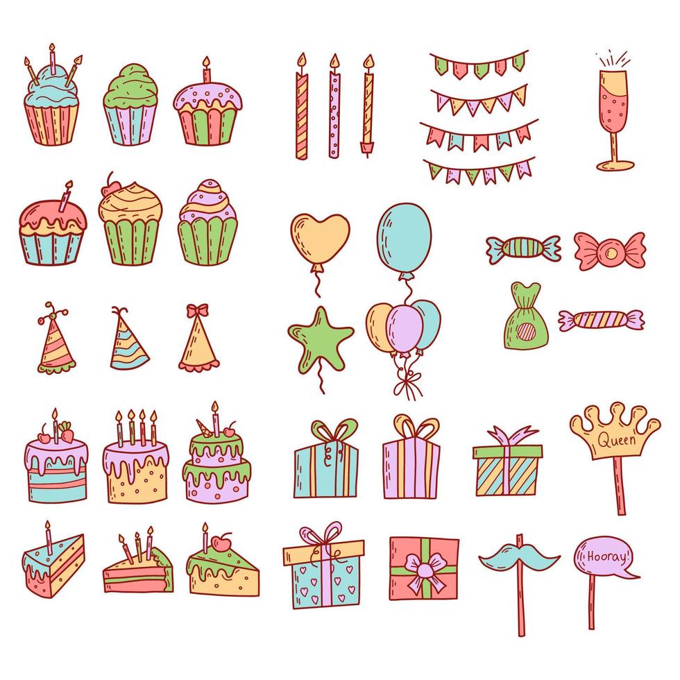 décorations de fête de voeux d'anniversaire. cadeaux cadeaux, cupcakes, gâteau de fête vecteur