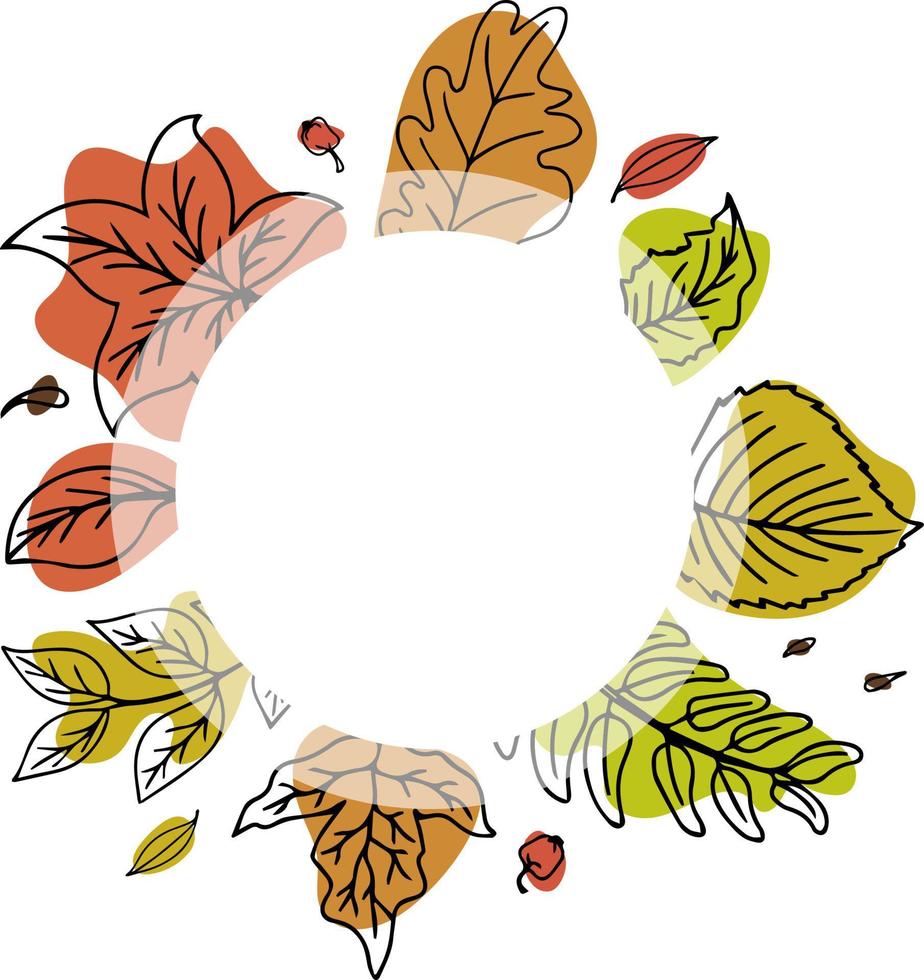fond rond vectoriel avec des feuilles d'automne colorées dans un style doodle dessiné à la main.