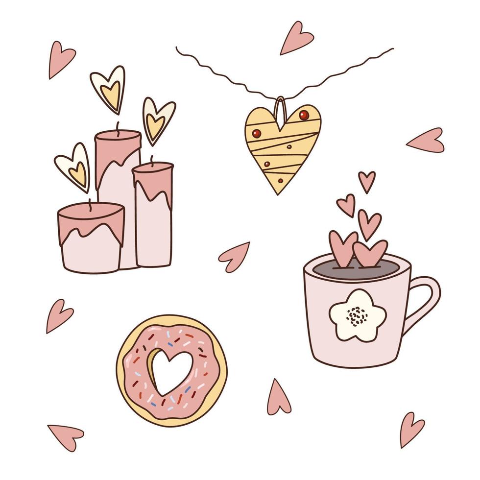 illustrations vectorielles de doodle de la saint-valentin. dessins animés de bougies, coeur, collier, beignet, tasse. éléments de conception pour créer des valentines, des étiquettes cadeaux, des cartes de voeux. vecteur