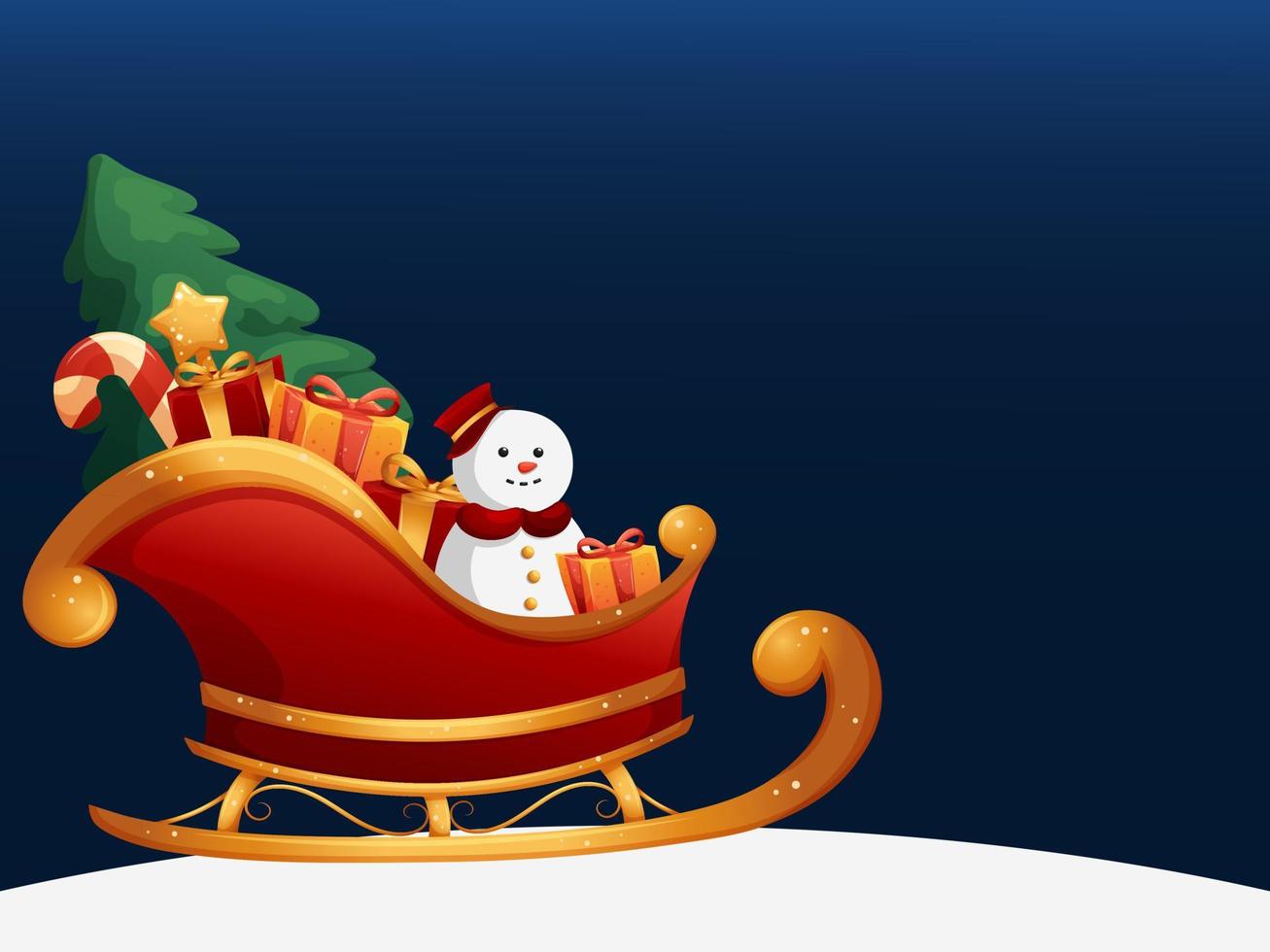 fond d'hiver avec traîneau du père noël dessin animé, bonhomme de neige, arbre de noël et cadeaux sur fond bleu foncé vecteur