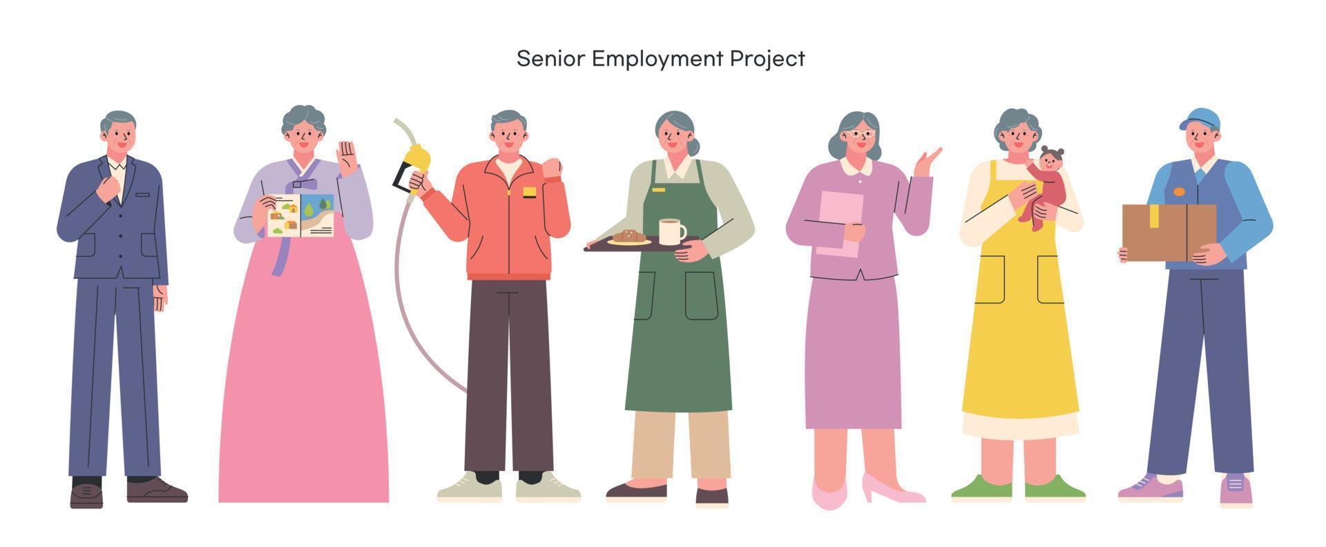 une collection de personnages seniors portant des uniformes de diverses professions. vecteur