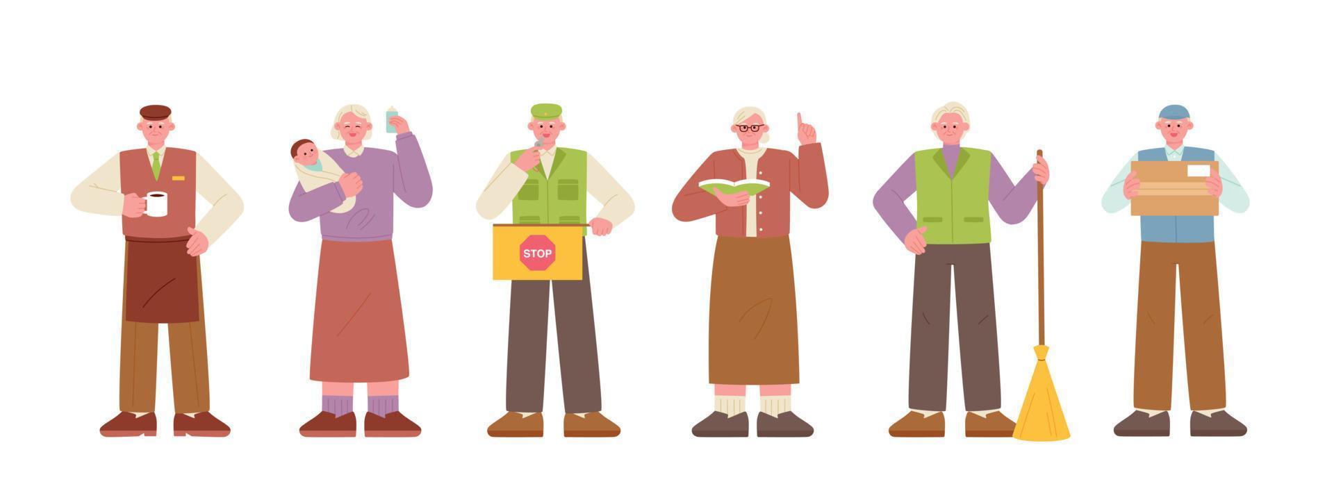 des personnages seniors avec diverses professions sont debout. vecteur