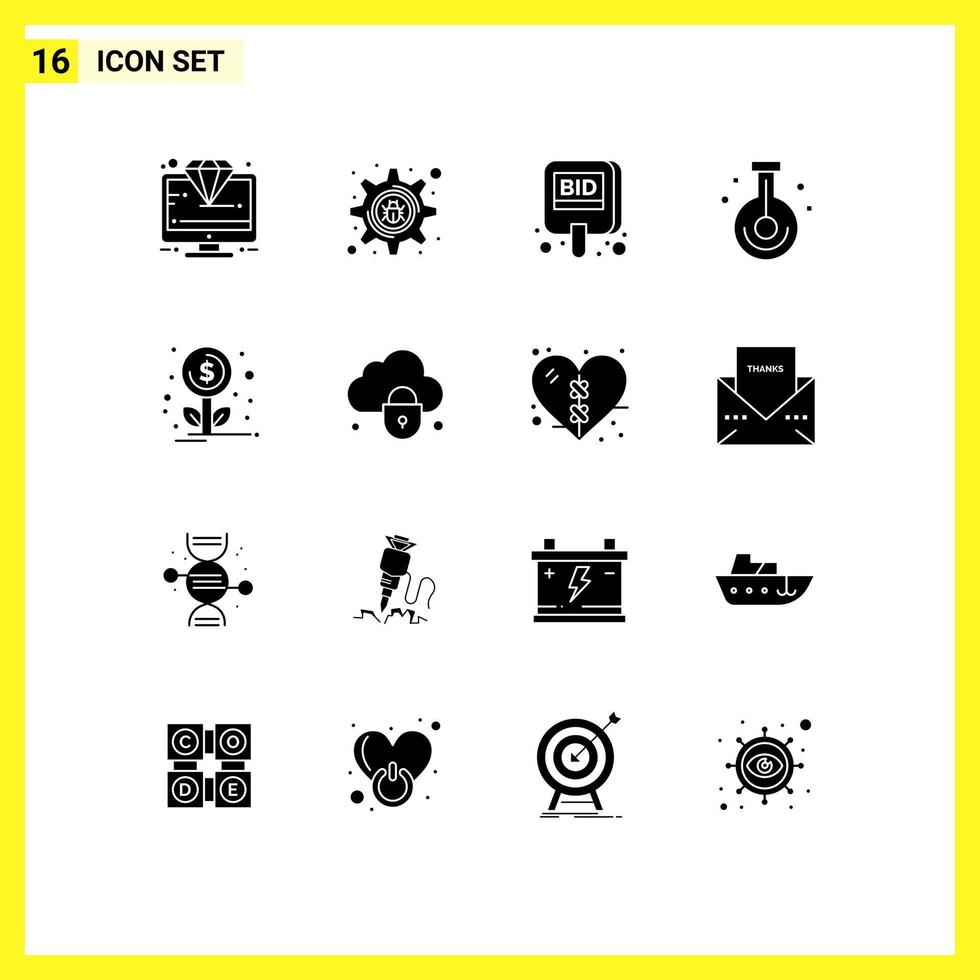 groupe de 16 signes et symboles de glyphes solides pour les éléments de conception vectoriels modifiables d'étiquette de chimie d'enchères de laboratoire scientifique vecteur