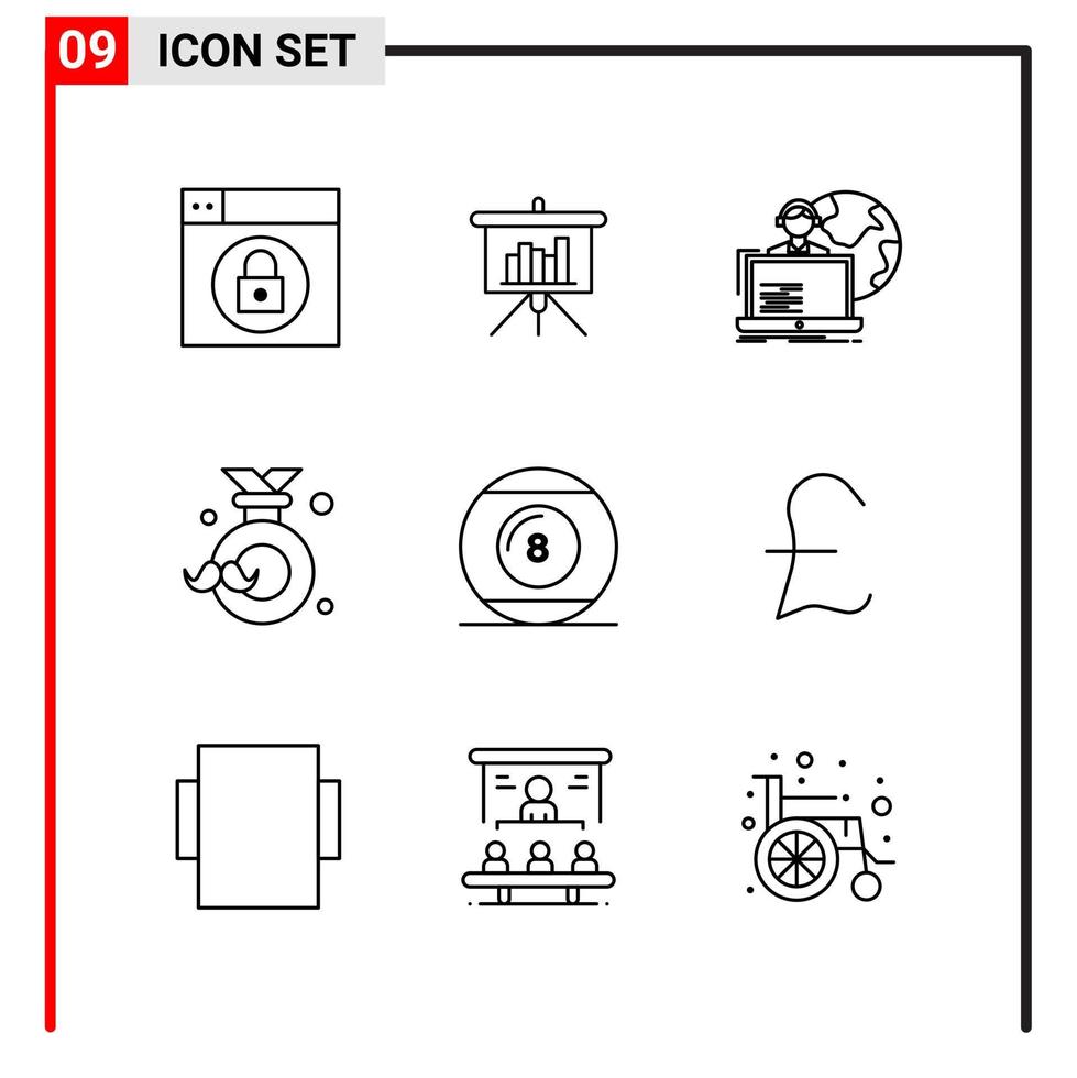 9 icônes générales pour la conception de sites Web d'impression et d'applications mobiles 9 signes de symboles de contour isolés sur fond blanc 9 pack d'icônes fond de vecteur d'icône noire créative