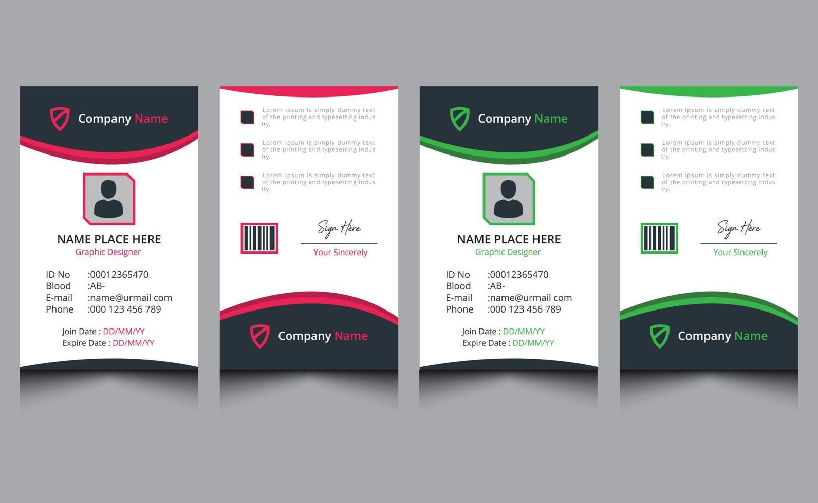 modèle de conception de carte d'identité d'entreprise d'employé d'identité de bureau d'entreprise abstraite professionnelle créative élégante de couleur verte et rose propre. vecteur