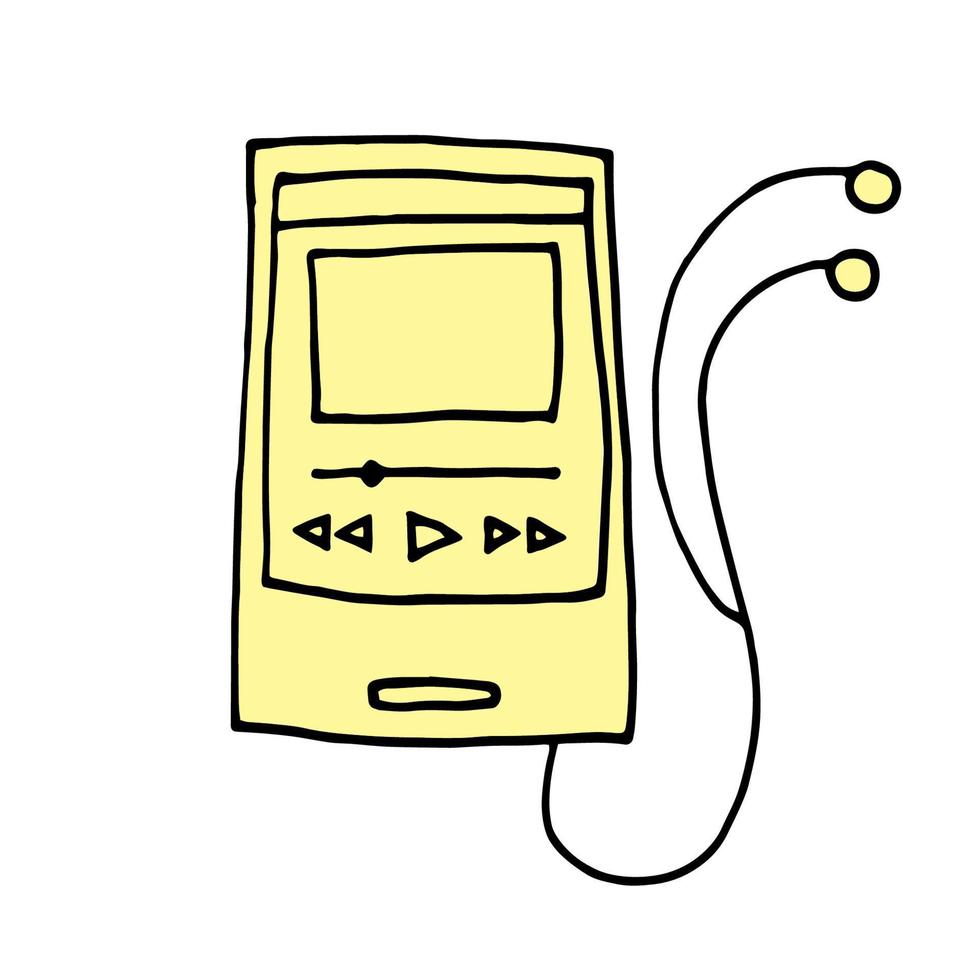 lecteur mp3 avec casque - croquis vectoriel vintage. lecteur obsolète pour écouter de l'audio - dessin vectoriel dessiné à la main dans le style de doodle