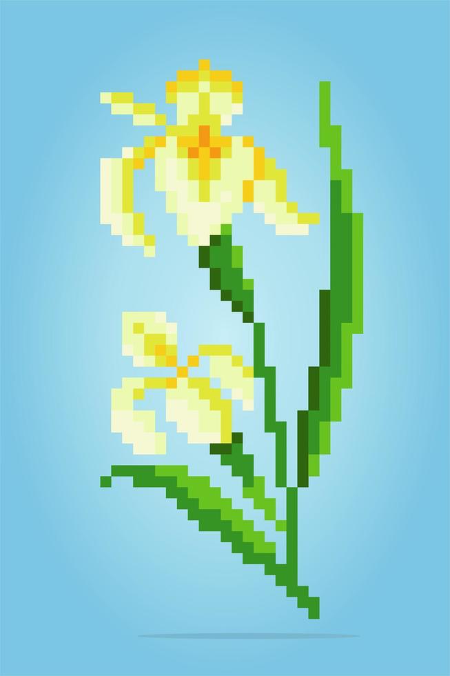 Fleur de lys pixel 8 bits. fleurs jaunes pour les motifs de point de croix, dans les illustrations vectorielles. vecteur