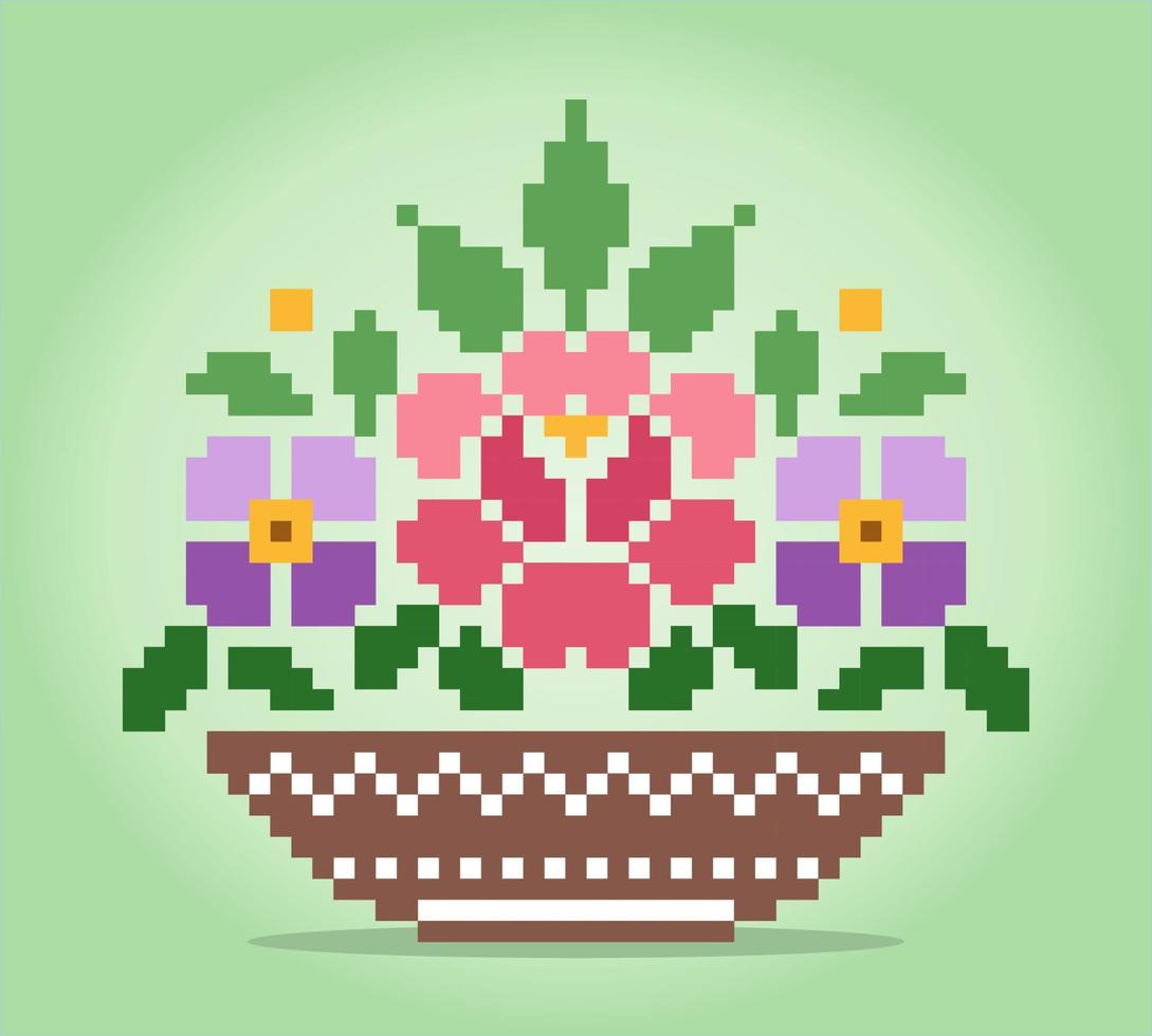 Fleurs de pixel 8 bits sur le panier. bouquet de fleurs pour les motifs de point de croix, dans les illustrations vectorielles. vecteur