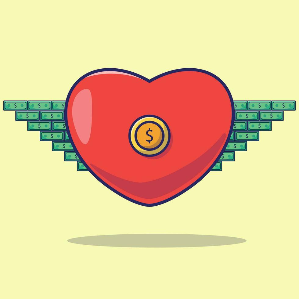 illustration de dessin animé simple d'un coeur de pièce avec des ailes de billet d'un dollar. notion d'entreprise vecteur