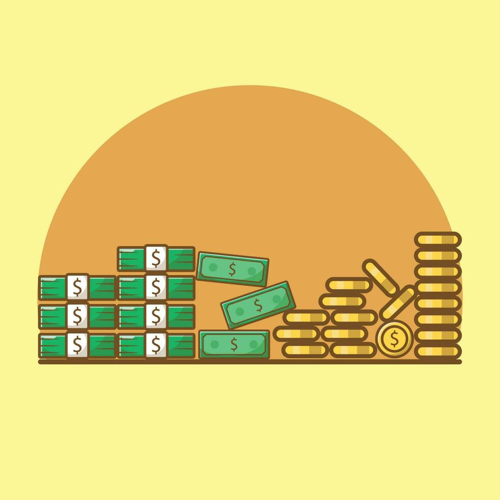 illustration de dessin animé simple du billet d'un dollar en papier et de la pièce d'or en dollars. notion d'entreprise vecteur