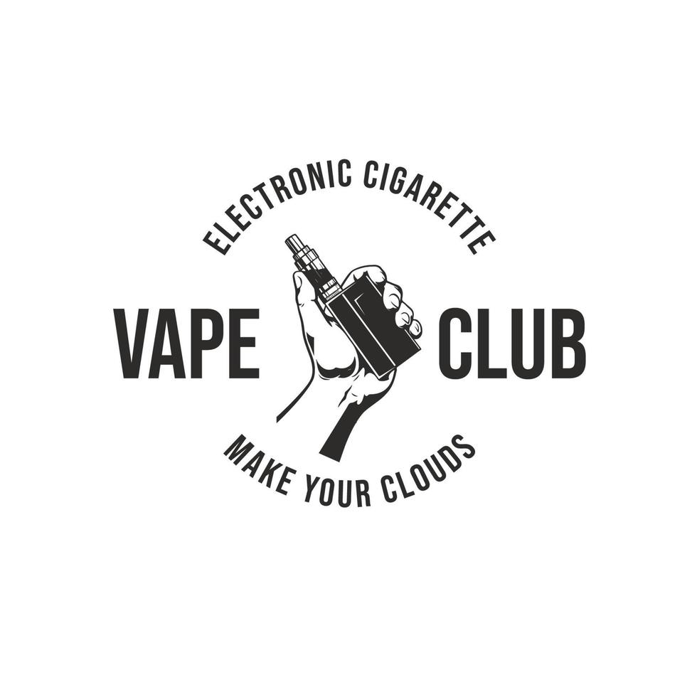 main rétro tenant le logo de vapeur. fumer le modèle de conception de logo de cigarettes électroniques vecteur