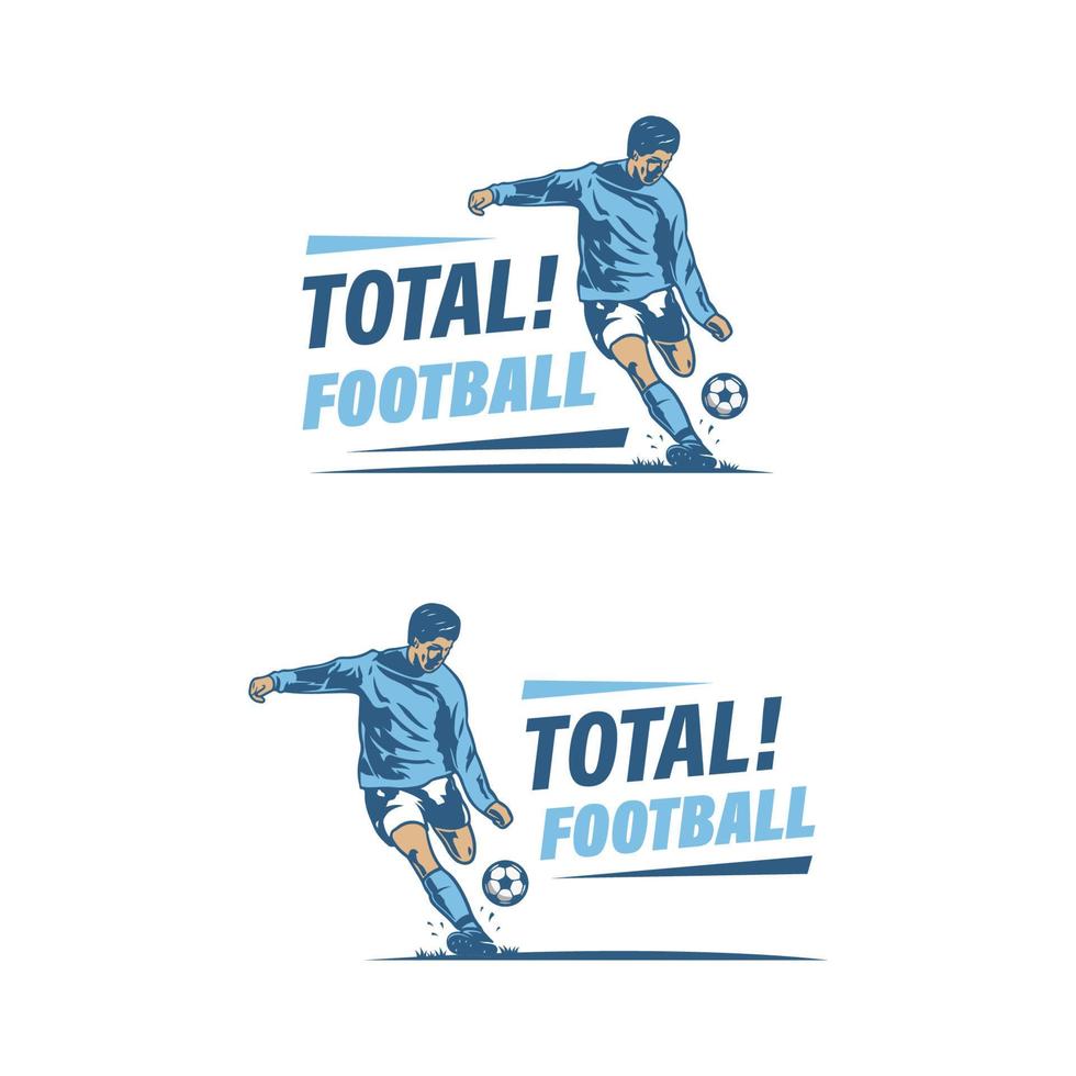 un homme tape fort dans le ballon. logo d'entraînement de football. modèle de conception de logo de football total vecteur