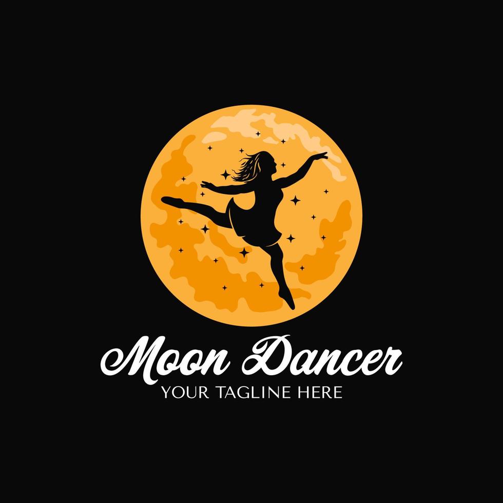 danseuse de ballerine sautante avec modèle de conception de logo de fond de lune jaune vecteur