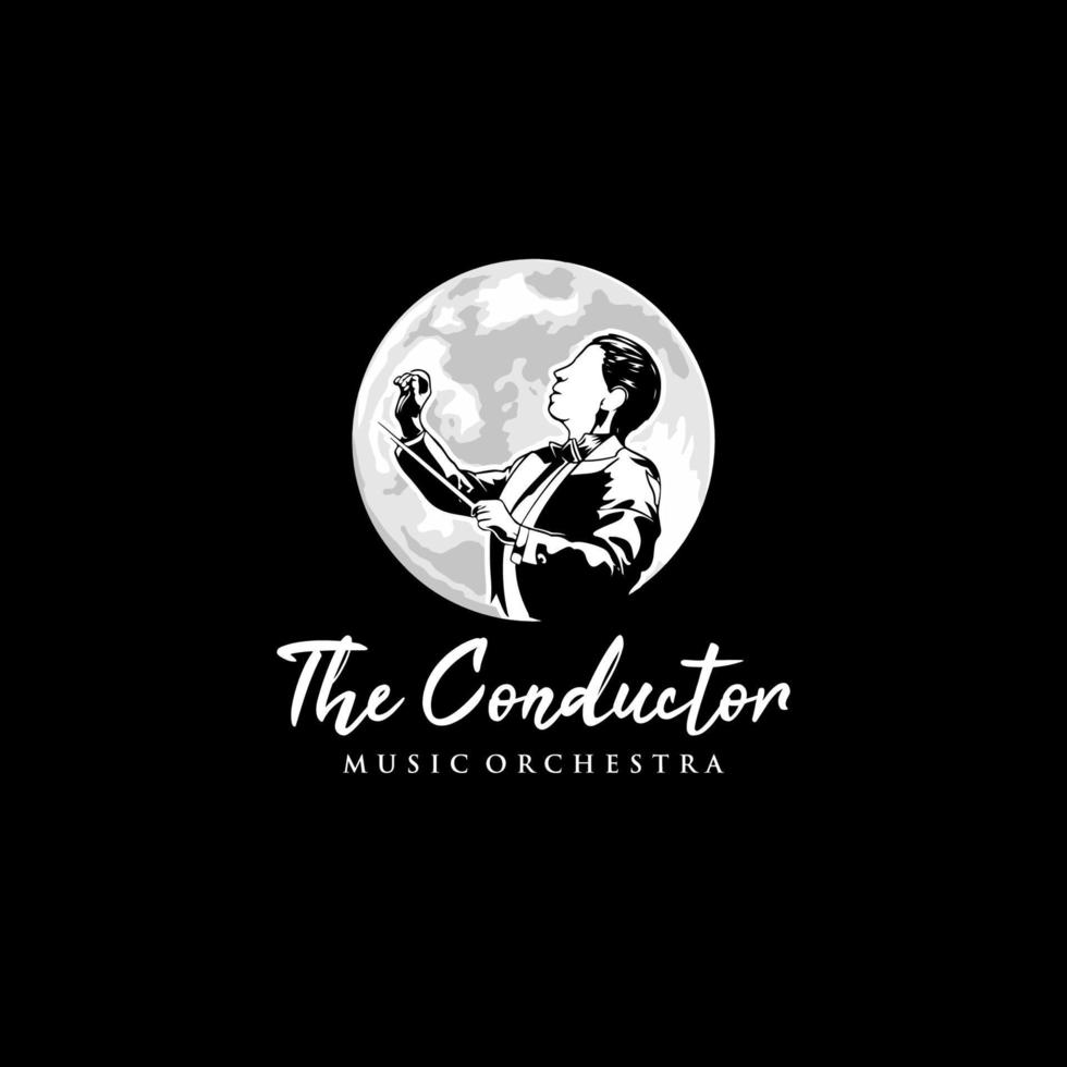 logo de musique, silhouette d'homme avec logo de bâton, logo de mascotte arrangé musical. chef d'orchestre ou chef de chœur avec illustration vectorielle de fond de lune vecteur