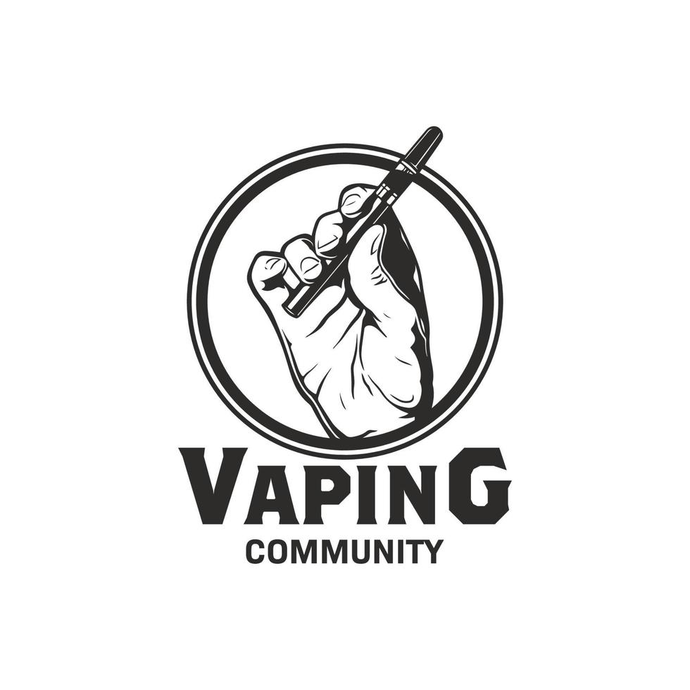 main rétro tenant le logo de vapeur. fumer le modèle de conception de logo de cigarettes électroniques vecteur