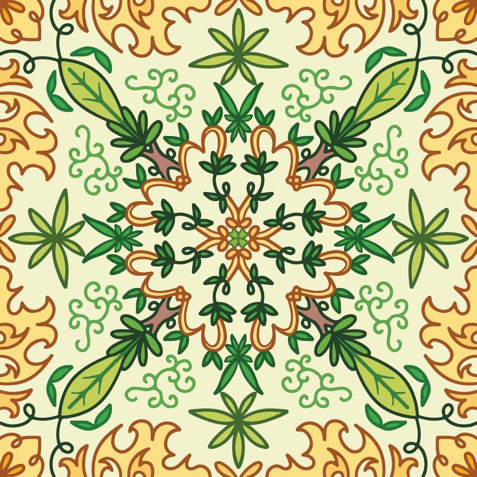 mandala de fond de motif carré symétrique avec fond de vecteur de thème botanique vert naturel. carreaux de papier peint isolés pour carte de voeux, impression de tissu et autres fins.