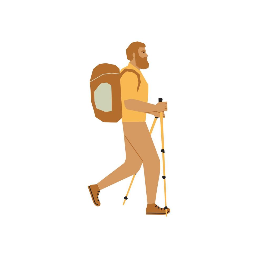 homme marchant avec des bâtons de trekking. illustration vectorielle plane vecteur