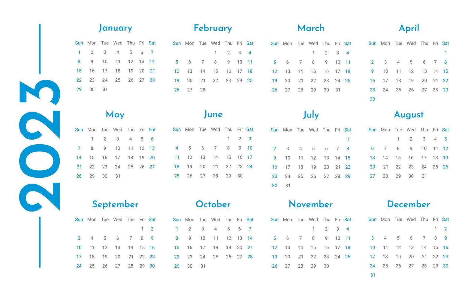 modèle de calendrier horizontal mural mensuel 2023 dans un style minimaliste branché, concept de couverture, conception de planificateur de calendrier minimal 2023 pour le modèle d'impression en bleu vecteur