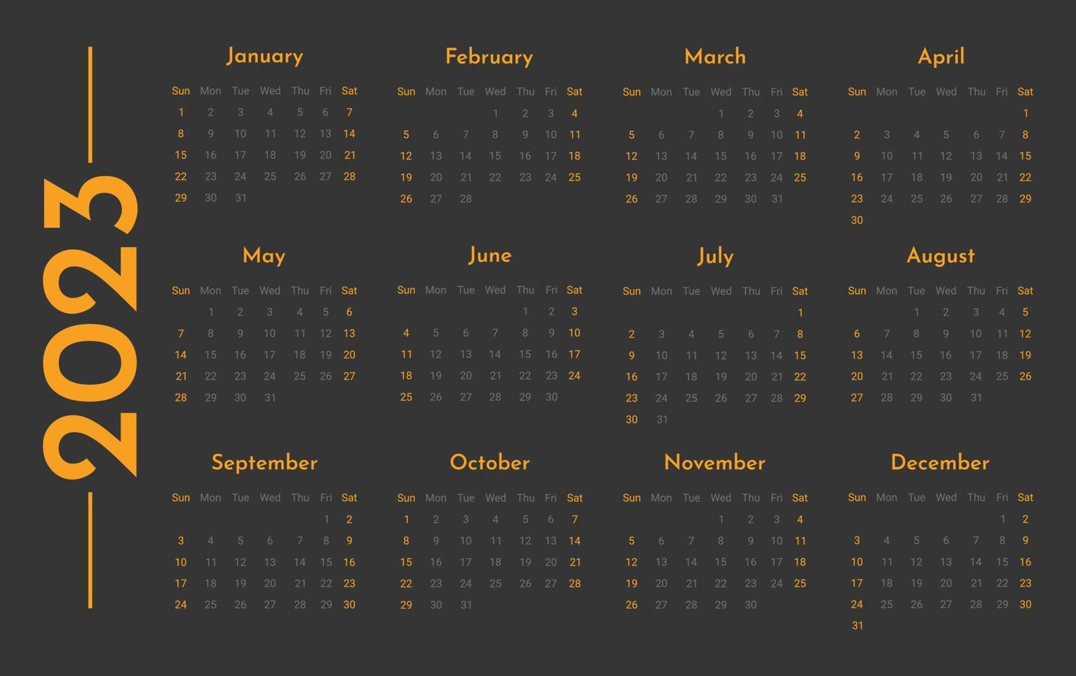 modèle de calendrier horizontal mural mensuel 2023 dans un style minimaliste branché, concept de couverture, conception de planificateur de calendrier minimal 2023 pour le modèle d'impression en noir et orange, thème noir vecteur