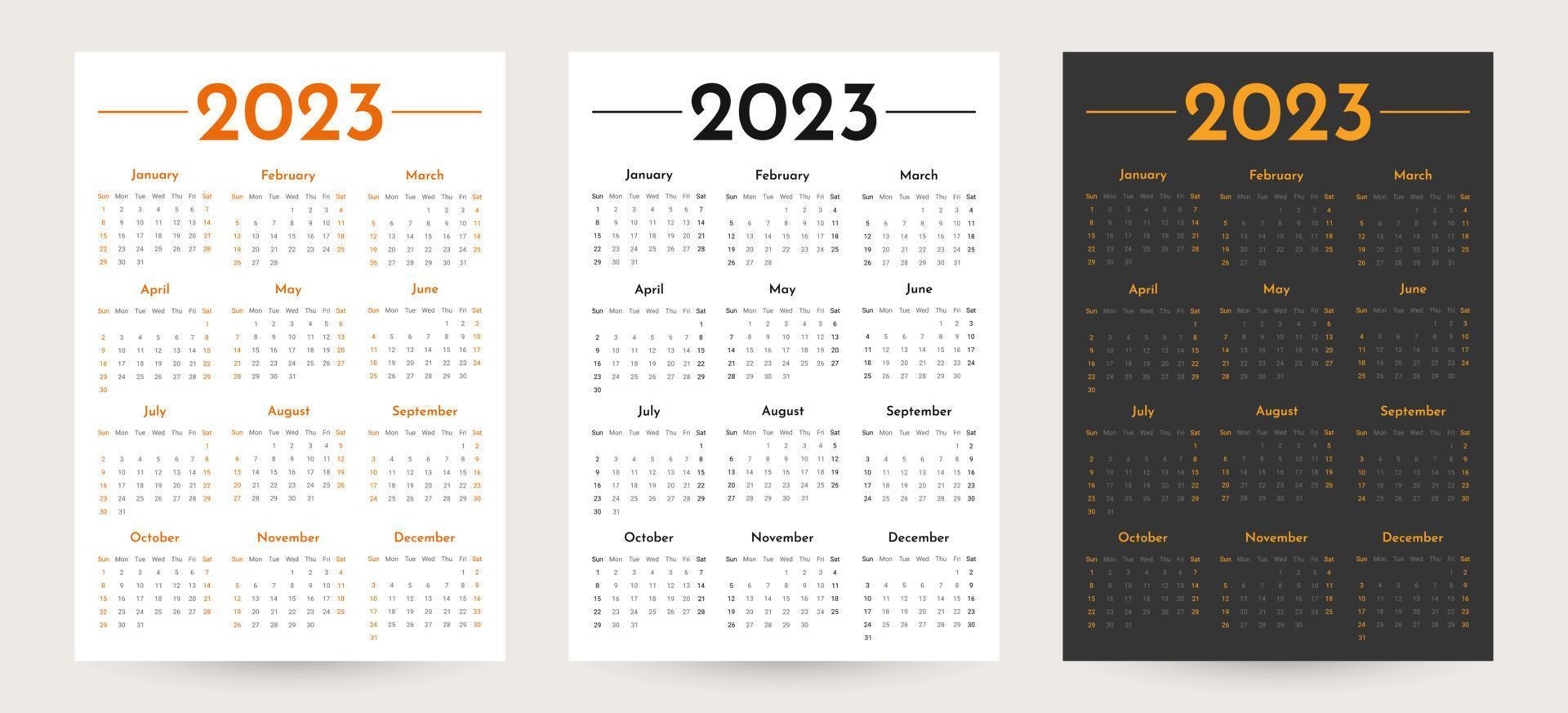 ensemble de modèles de calendriers verticaux muraux mensuels 2023 dans un style minimaliste branché, concepts de couverture, conception de planificateurs de calendriers minimaux 2023 pour l'impression de modèles de différentes couleurs vecteur