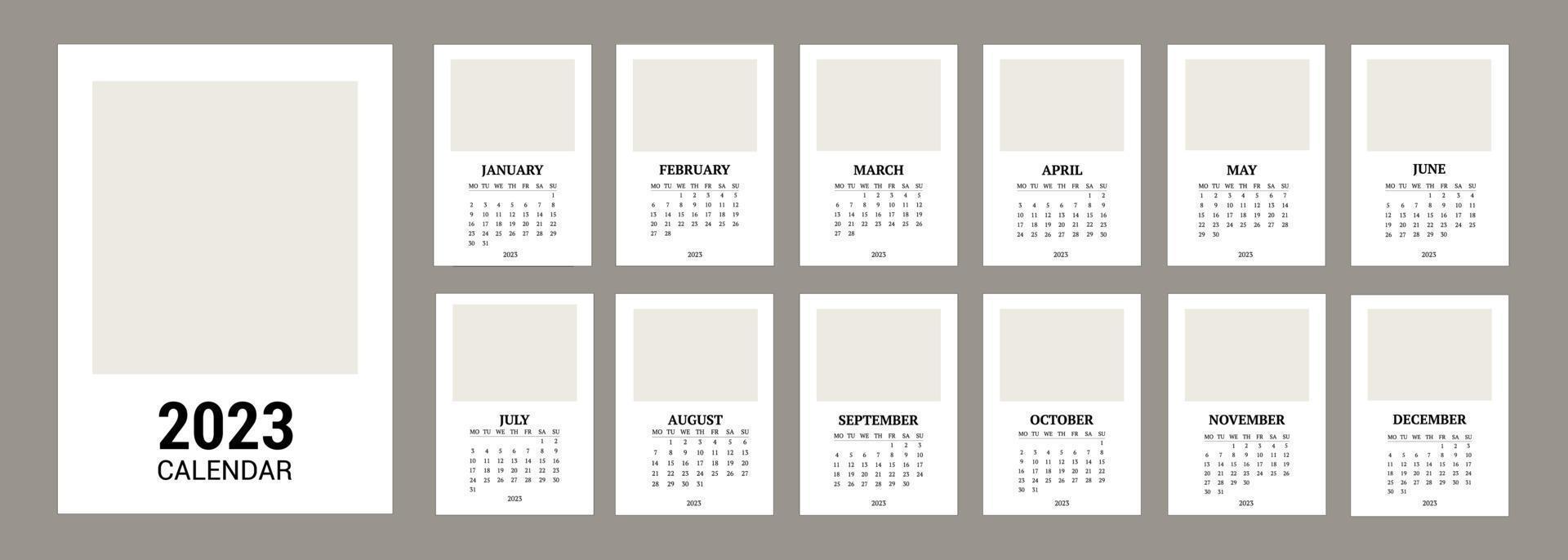 calendrier mensuel classique pour 2023. un calendrier dans le style du minimalisme de forme carrée. modèle de calendrier avec une place pour une photo ou votre conception vecteur