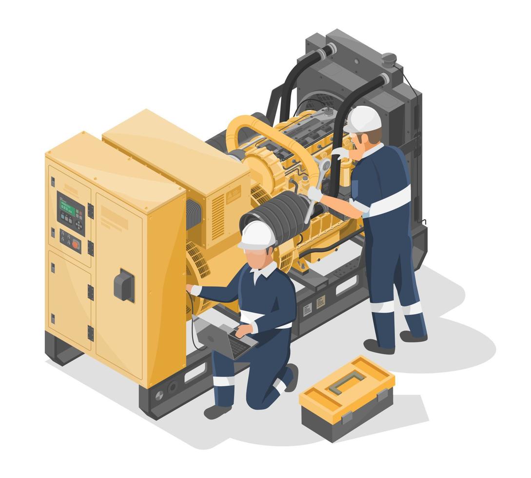 équipe de service de maintenance des groupes électrogènes gros moteur diesel moteur isométrique pour l'industrie et l'équipement de construction jaune en blanc isolé vecteur