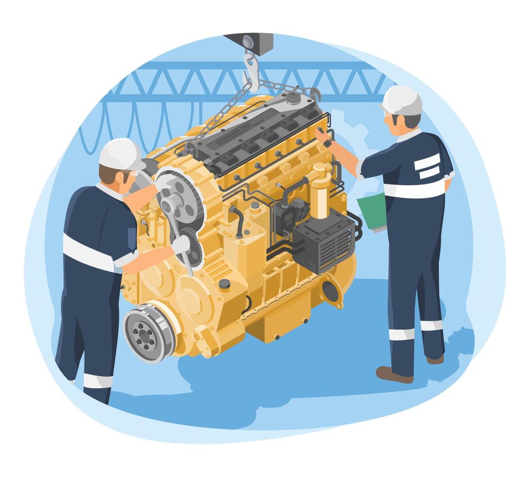 concept de support d'équipe de maintenance de moteur diesel moteur isométrique pour l'industrie et l'équipement de construction jaune en blanc isolé vecteur