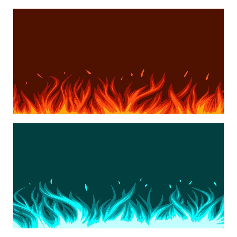 deux bannières vectorielles avec des flammes rouges et bleues. dépliant horizontal, modèle, affiche. conception pour les médias sociaux, haut du site Web. vecteur