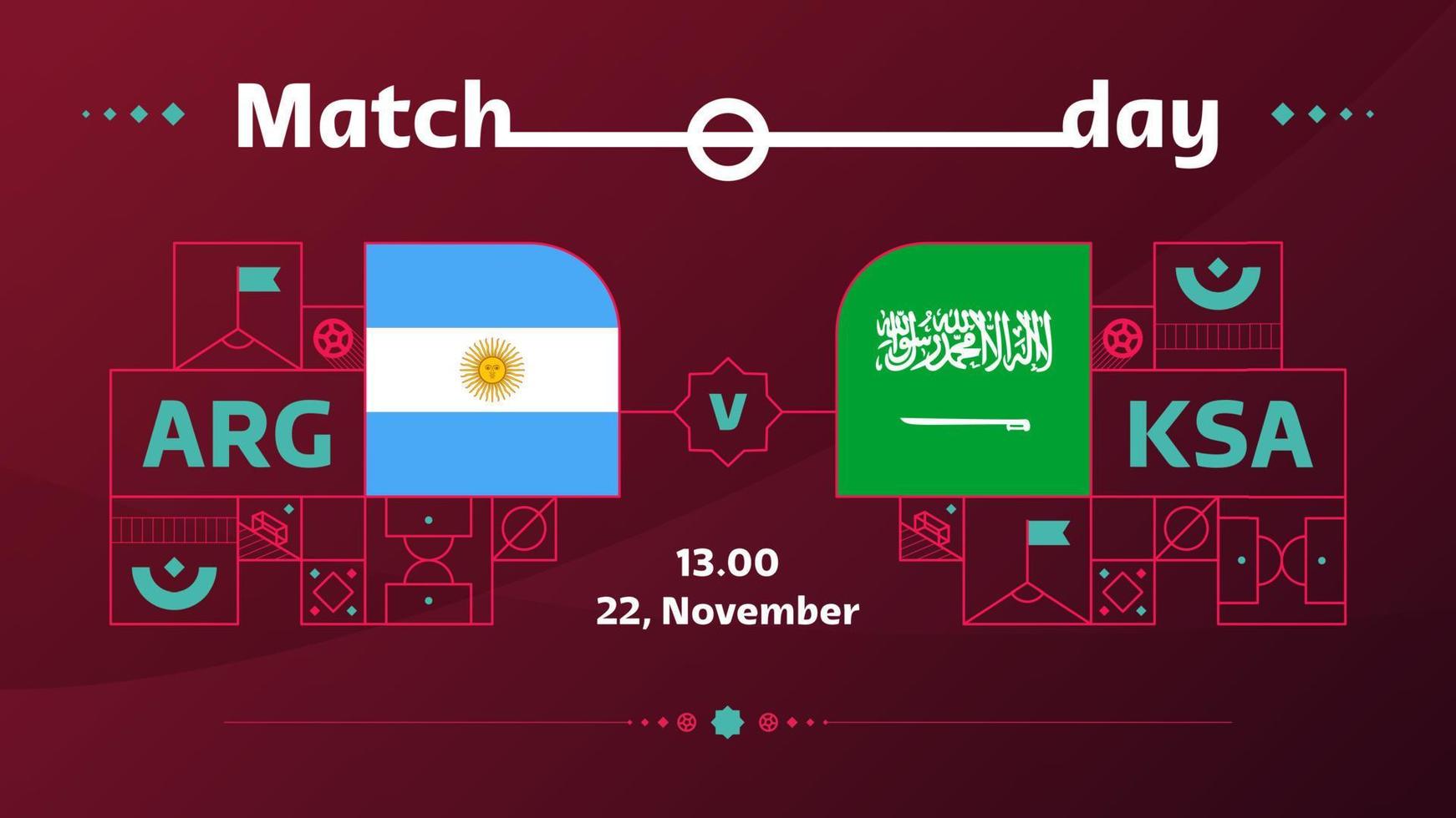 argentine arabie saoudite match football 2022. match de championnat du monde de football 2022 contre équipes intro fond de sport, affiche de compétition de championnat, illustration vectorielle vecteur