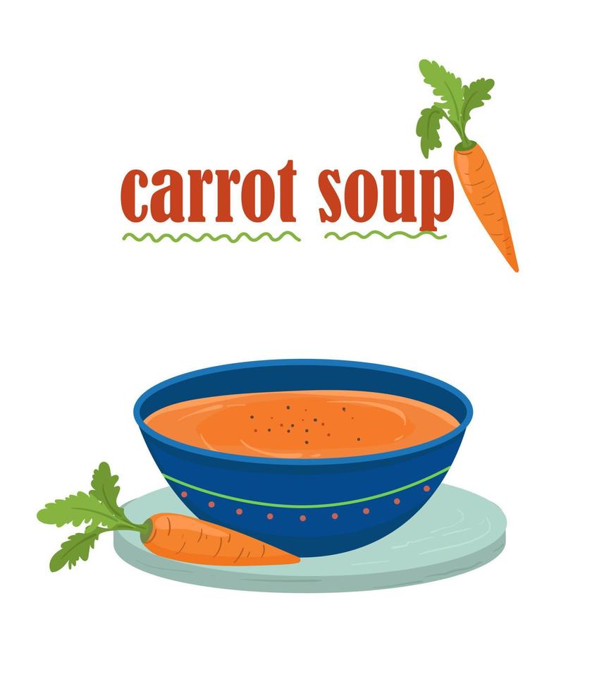 soupe de purée de carottes dans une assiette bleue. soupe aux légumes frais. illustration pour les menus, la publicité, les sites Web, les impressions, les emballages. vecteur