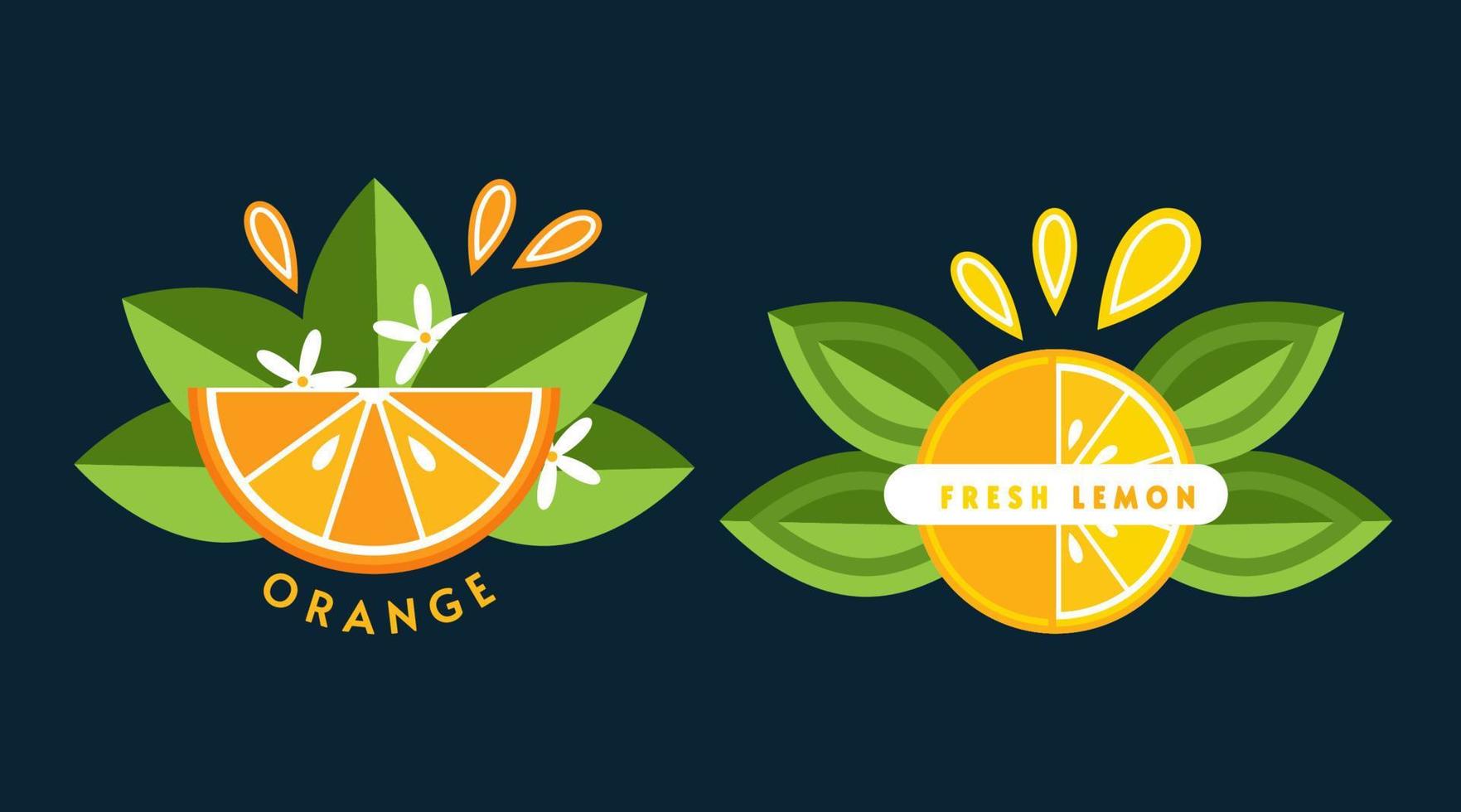 ensemble de logos, emblèmes, badges avec orange, citron, feuilles vertes, tranches de fruits. bon pour la décoration des emballages alimentaires, des épiceries, des magasins agricoles, de la publicité. style plat vecteur