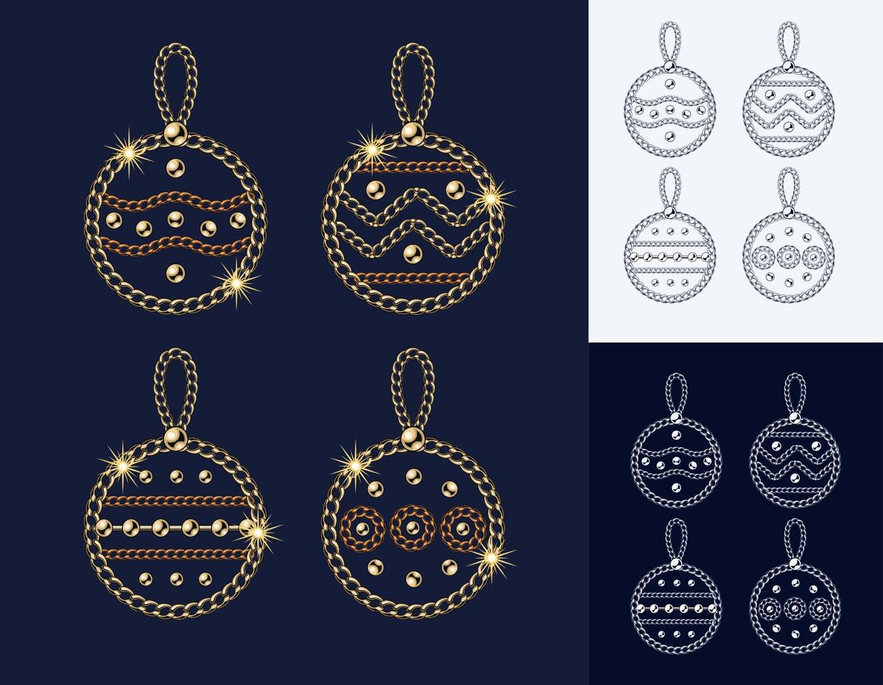 boules de noël faites de bijoux chaînes d'or et de bronze, perles de boule brillantes illustration de bijoux élégants pour les soldes d'hiver, noël, vacances du nouvel an, décoration de cadeaux. version monochrome noir et blanc vecteur