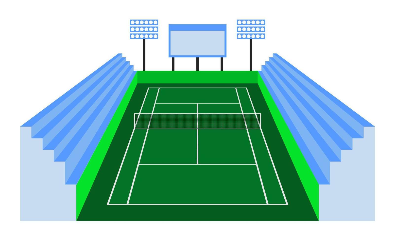 court de tennis vert en vue isométrique avec tribunes de spectateurs. terrain de tennis extérieur. terrain de sport pour les loisirs actifs. vecteur