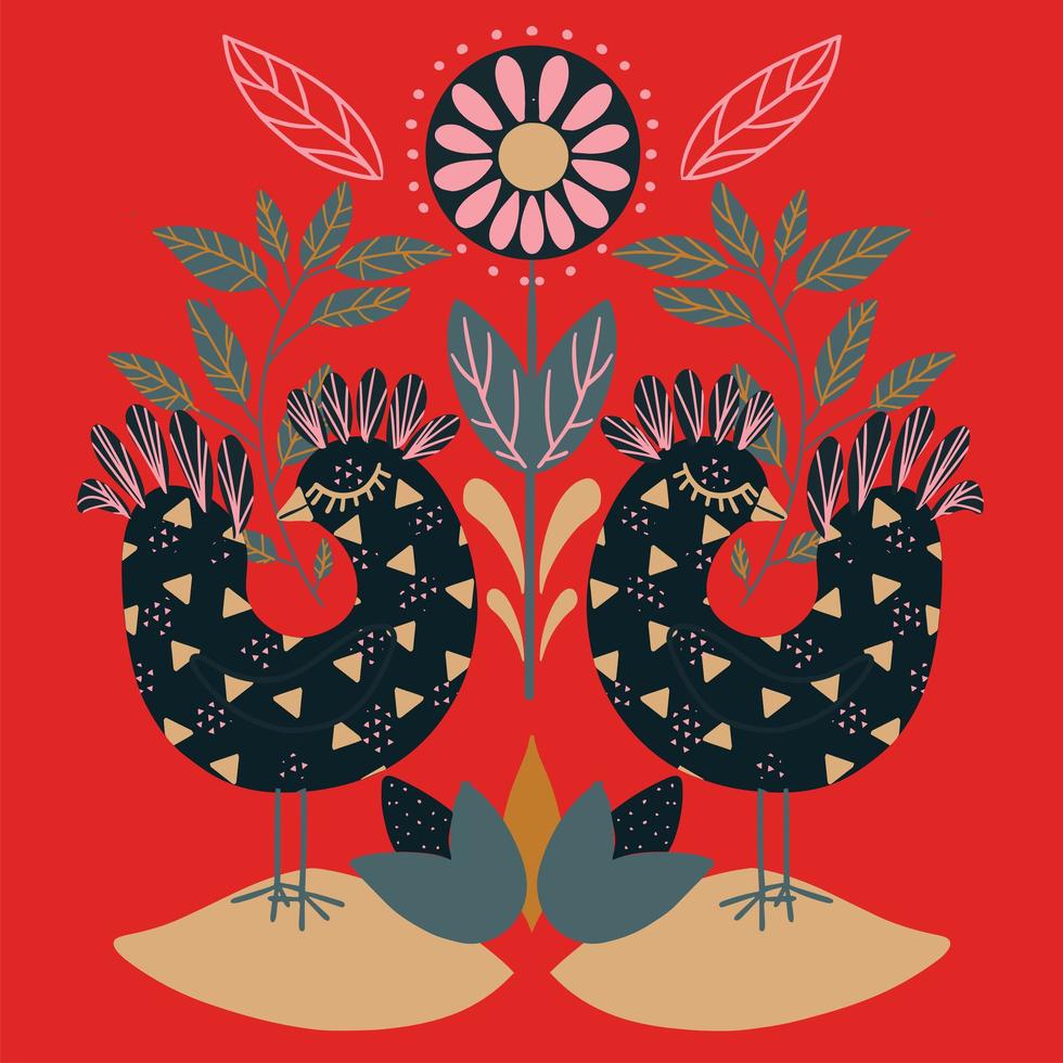 motif carré art folklorique floral avec des oiseaux vecteur
