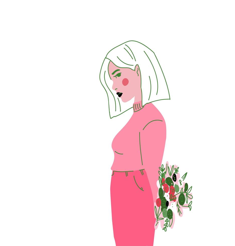 belle jeune femme tenant des fleurs derrière son dos vecteur