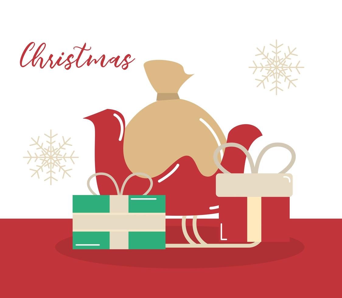 Joyeux Noël, traîneau avec sac et décoration de coffrets cadeaux vecteur