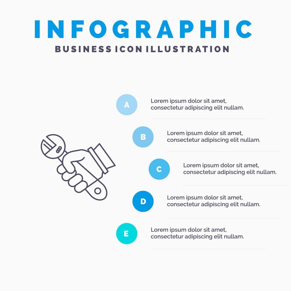 outils de réparation de clé à main icône de ligne de main avec 5 étapes présentation infographie fond vecteur