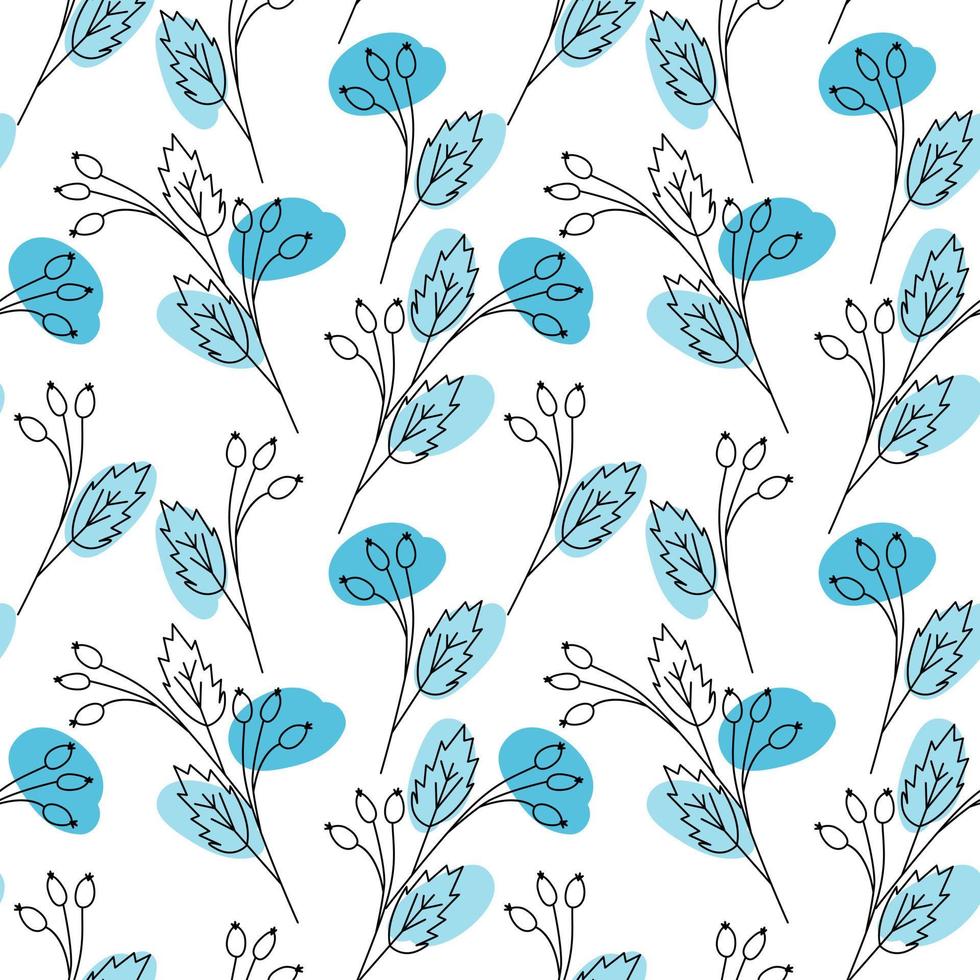 motif sans fin de branches d'églantier de contour avec des taches de marqueur bleu hiver. texture de toile de fond abstrait vecteur