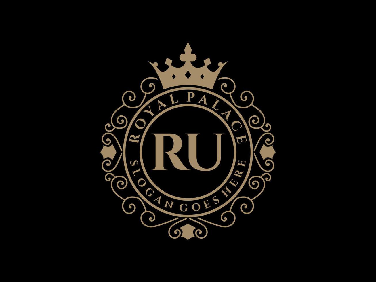 lettre ru logo victorien de luxe royal antique avec cadre ornemental. vecteur